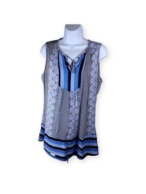 Como Blu Blue Print Sleeveless Tie-Neck Blouse M
